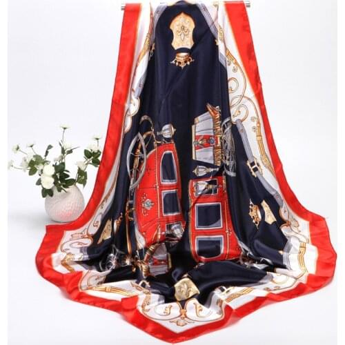 90*90cm Luxury Silk Satin Scarf 2021 Square Women Fashion Car Print Scarfs Lady Shawls and Wraps Female Bandana Color Matching