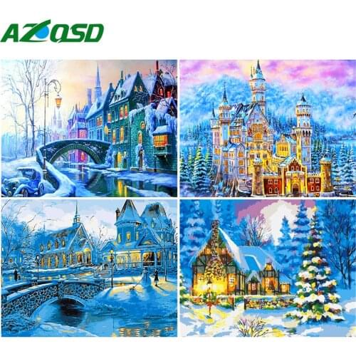 AZQSD Oil Painting By Numbers Building DIY Unframe Decor For Home Coloring By Numbers Canvas Winter Landscape Handmade Gift