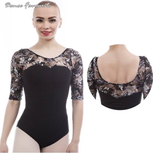 Adult Ballet Leotard Black cotton & Lace gymnastics leotard for dance,ballerina 3/4 Length sleeve bodysuit shapewear