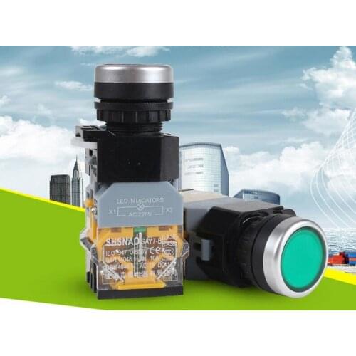 LA38-11DZS GREEN 220v flat light button switch button start button 22mm diameter red green flat lock ABS material