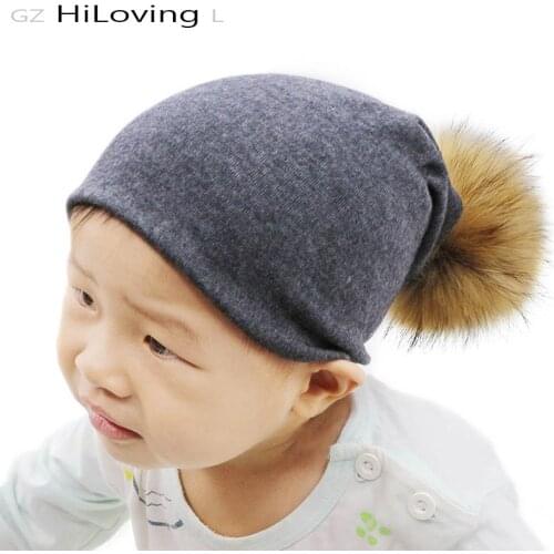GZhilovingL New Baby Girls Boys Real Fur pompom Cotton Hat Solid color Soft Warm Cotton Slouch Beanie Hats For Kids Childs