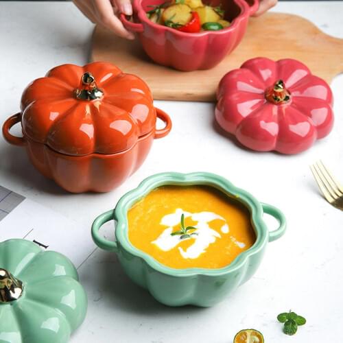 Creative Cute Pumpkin Soup Baking Bowl With Lid Ceramic Rice Bowl Baking Tableware Dessert Pumpkin Halloween Home Decoration Gif