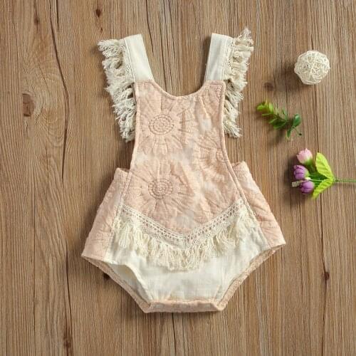 Lace Floral Summer Newborn Baby Girls Sleeveless Tassel Rompers Toddler Loose Backless U-shaped Neck Tie-up Playsuits Beachwear