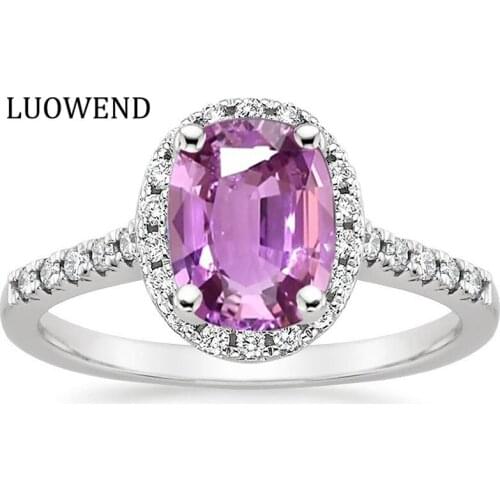 LUOWEND 18K White Gold (AU750) Women Wedding Ring Certified Natural Pink Sapphire Oval/Rectangle Shape Diamond Halo Ring