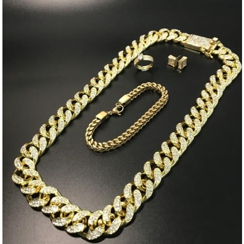 Hip Hop Men Necklace Gold Color Ice Out Cuban Crystal Miami Chain Men Cross Necklace & Bracelet & Ring & Earrings jewerly Set