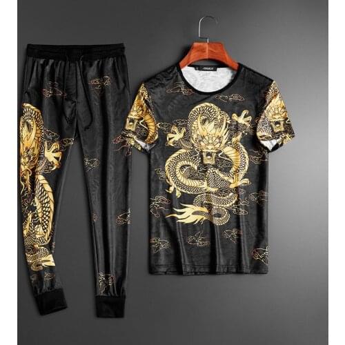 Plus Size Male Streetwear Hip Hop Fashion Dragon Printing 2-piece Set Summer Round Neck T-shirt Korean Version Casual Suit Men