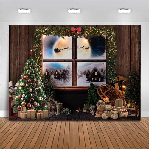 Christmas windows photography background happy new year Christmas tree Santa Claus gifts rustic wood floor party decoration