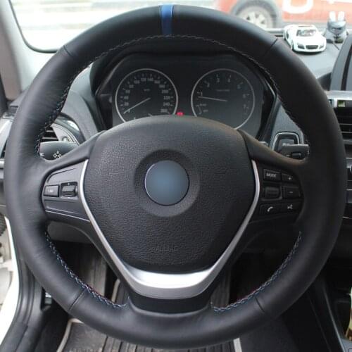 Hand sewing custom Black Leather Blue Marker Car Steering Wheel Cover for BMW F30 320i 328i 320d F20