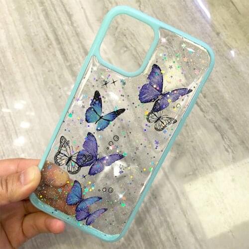 Blue Butterfly Bling Glitter Phone Case for iPhone 12 11 Pro Max 12 Mini SE 2020 XR X XS MAX 6 6s 7 8 Plus Clear Silicone Cover