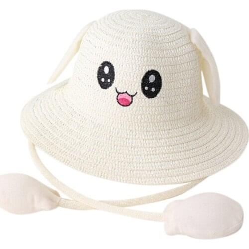 Toddler Kids Summer Straw Sun Hat with Jumping Rabbit Ears Cartoon Bunny Embroidery Outdoor Travel Wide Brim Beach