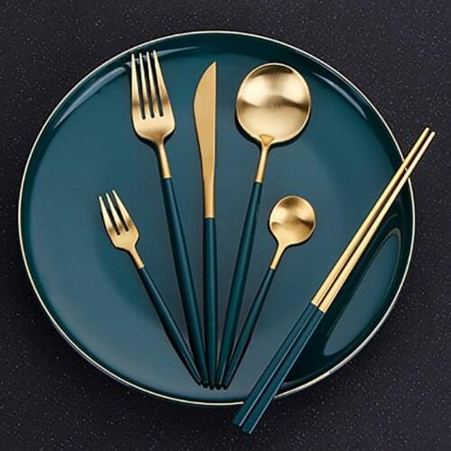 Stainless Steel Cutlery Dark Green Western Tableware Household Fork Knifes Chopsticks With Gift Bag Dishwasher Safe Cutlery Set