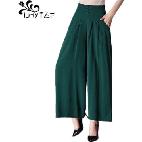 UHYTGF New High waist summer pants women fashion cotton linen wide leg pants casual loose soft thin plus size trousers women1616