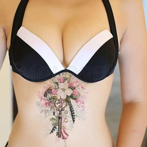 Temporary Fake tattoo pink flower totem classical key leaf tatoo sticker waterproof tatto chest back leg belly for girl woman