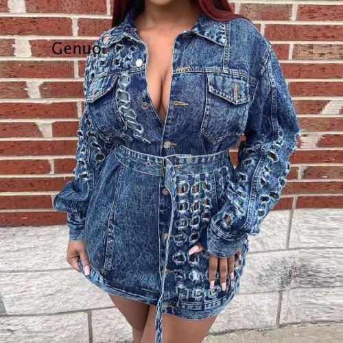 Loose Fit Beige Holes Bandage Big Size Denim Jacket New Lapel Long Sleeve Women Coat Fashion Tide Spring Autumn 2021