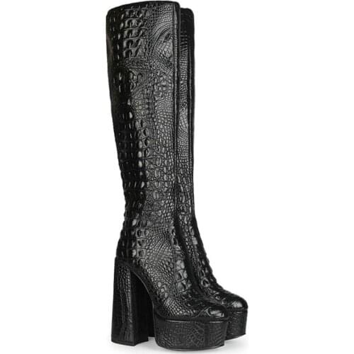 OLOMLB Womens Crocodile Pattern Knee Thigh Boots Platform Super High 15CM Heel Shoes Black Leather Plus Size 34-45