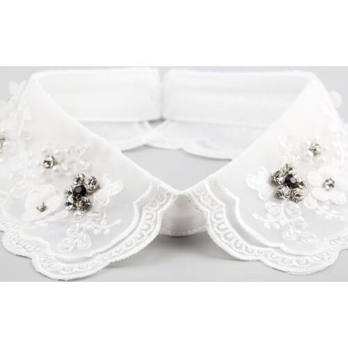 Women Neckwear Tie Organza Lace Crystal Rhinestone Bead Neckline Fake Collar Detachable False Collar Removable Lapel Blouse Tops