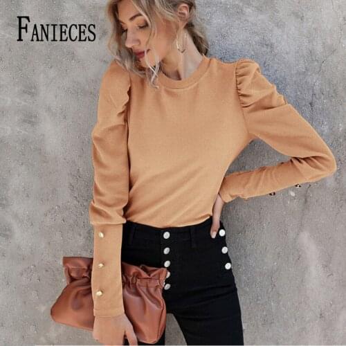 FANIECES Elegant Solid Pullover T Shirt Tops Women Autumn Long Sleeve O Neck Button Long Puff Sleeve Blusa Basic Tees Streetwear