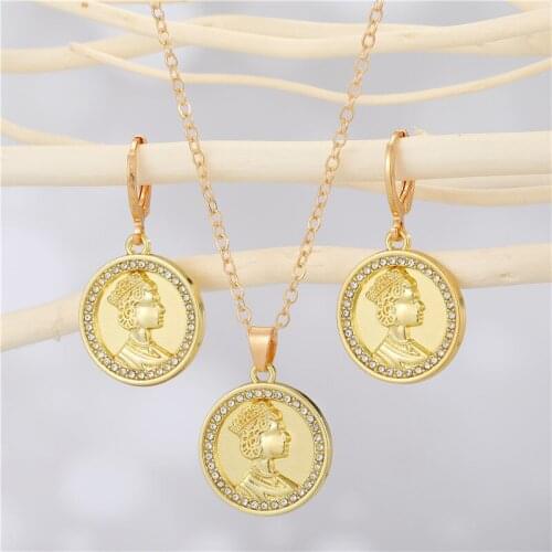 1Pair European Vintage Zircon Round Coin Hoop Earrings Necklace For Women Carving Queen Head Pendant Stud Earrings Jewelry E565