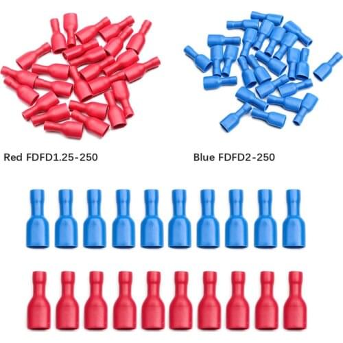 50Pcs Red Bule 6.3mm Female Insulated Spade Crimp Terminal Connector Set For 0.5-2.5mm Electrical Cable Wire Connecors