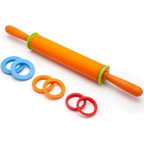 Non-Stick Silicone Rolling Pin Dough Roller with Adjustable Thickness Rings with 2mm m 6mm and 10mm Adjustable Rings