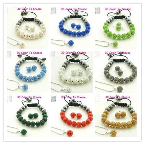 Free Gift+Free Shipping.Mix 18 Pcs/Lot 2 piece for each color 10mm Crystal Silver Plated crystal Set Bracelet Earring Necklace