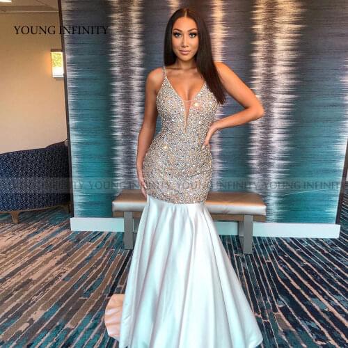 Sparkly Mermaid Prom Dress 2022 V Neck Spaghetti Backless Beading Crystal Satin Skirt Sweep Train Long Evening Party Gown Gala