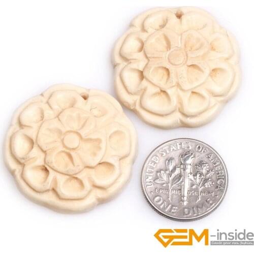 27x27mm Large Cream White Plants Flower Carved Bone Cabochon Beads For Jewelry Making 2 Pcs To Sale For Gift