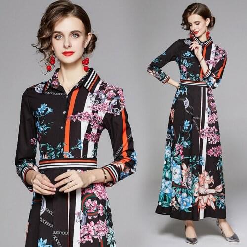 Chain Striped Print Autumn French Dress Feminino 2020 Women Fashion Clothing Tunic Party Button Turn Down Collar Big Shirt Dress