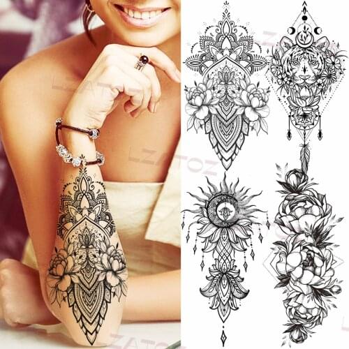 Geometric Rose Henna Temporary Tattoos For Women Adult Tiger Peony Sun Flower Fake Tattoo Realistic Body Art Decoration Tatoos