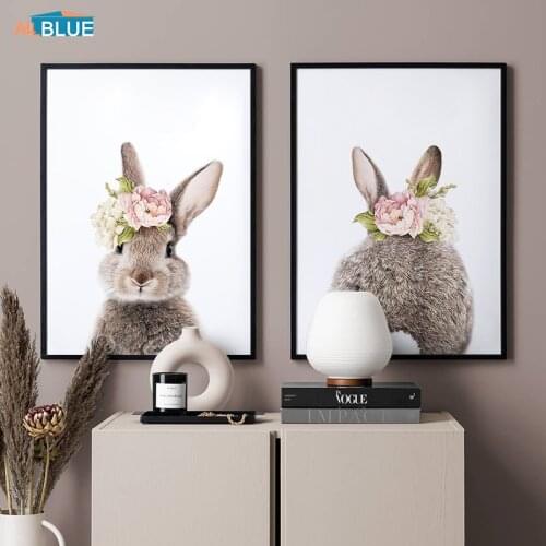 Pink Flower Rabbit Poster Nursery Canvas Painting Pet Decorative Picture Print Nordic Wall Art Cartoon Baby Kids Room Home Decor
