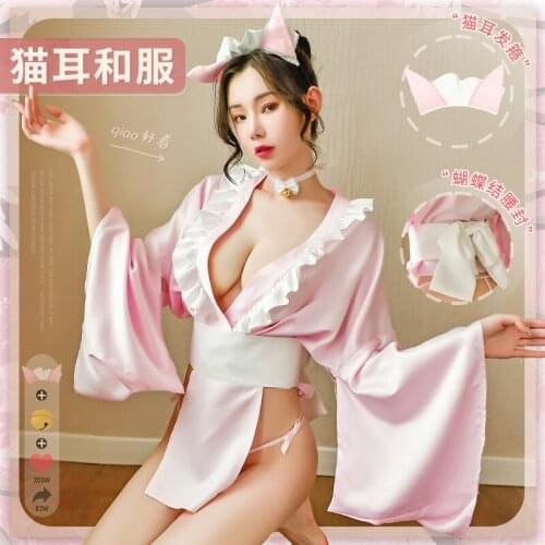 Japanese Sexy Cute Kimono Entice Perspective Deep V Lotus Leaf Lace Neckline Butterfly Waist Closure Cat Ear Kimono Suit 5IH3