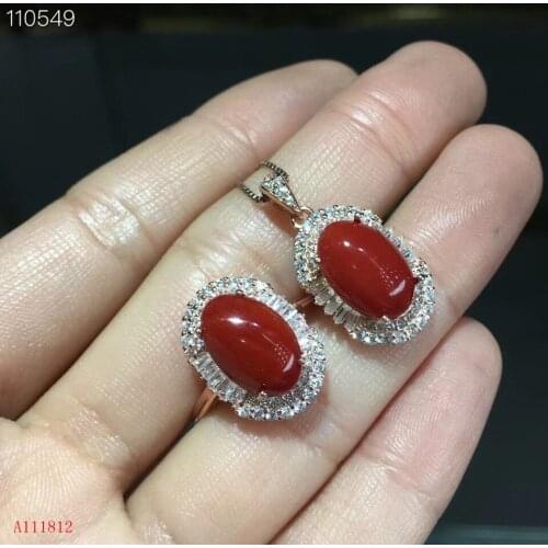 KJJEAXCMY boutique jewels 925 sterling silver inlaid Natural Ruby Red Coral Pendant Necklace Ring suit support detection