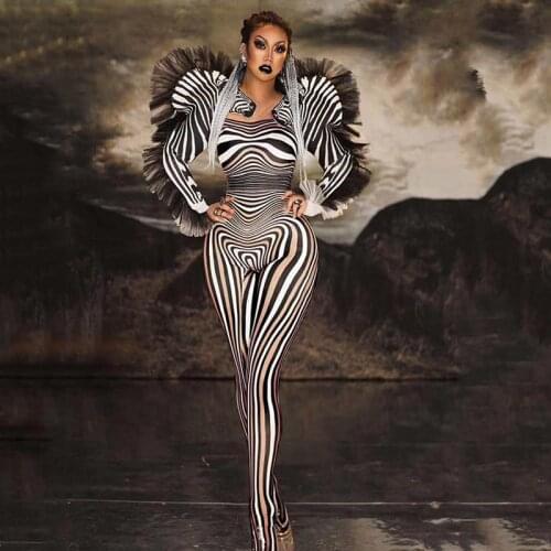 New Zebra Pattern Jumpsuit Women Singer Sexy Stage Outfit Bar Ds Dance Cosplay Bodysuit Stage Performance Show Costume XS2449