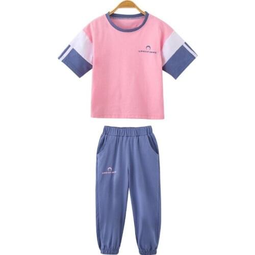 Girls Summer Sports Suit Blue Pink Tops T-shirt and Pants 2 Pieces Casula Kid Clothing 4-12 Years Children ClothesTracksuit Sets