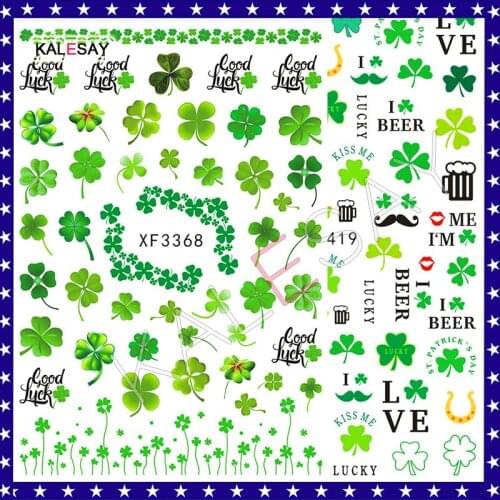 Green Clover Nail Stickers for Design Manicure Fire Love Me Back Glue Nail Art Sticker Decoration Flag Decals Beer Flame
