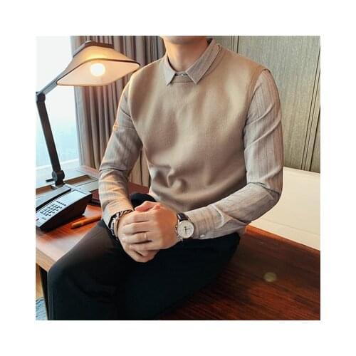 Mens 2020 new shirt collar fake two-piece sweater mens autumn business sweater top trend knitted mens clothing