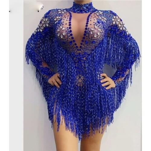 Blue Silver Rhinestones Transparent Fringe Bodysuit Birthday Celebrate Long Sleeves Dance Bar Women Singer stage show costume