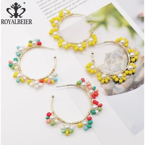 Royalbeier Women Handwoven Flower Big Circle Bead Earrings Elegant Colorful Bohemian Drop Earrings for Woman Girls Party Gift