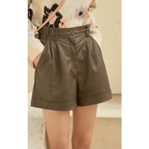 Autumn and winter womens shorts PU artificial leather high waist wide leg shorts elegant womens solid color trousers