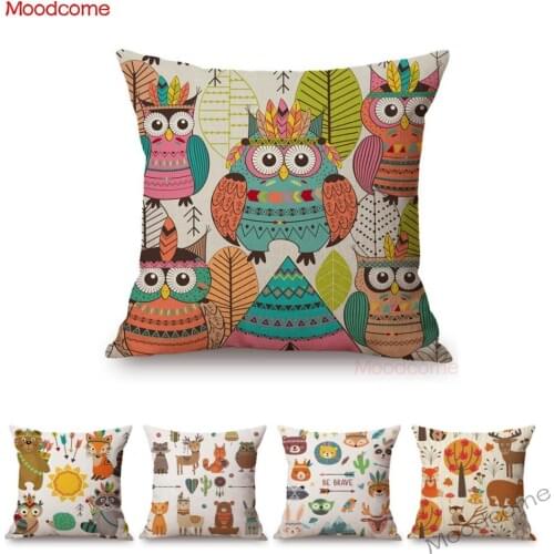 Cute Cartoon Forest Animal Woodland Owl Fox Raccoon Deer Sofa Pillow Case Baby Kids Room Decoration Cotton Linen Cushion Cover