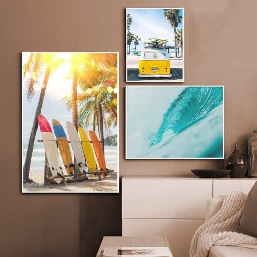 Yellow Beach Summer scenery Wall Art Poster Print Surf Ocean Modern Wall Art Palm Tree Surfboards Canvas Painting Picture Art