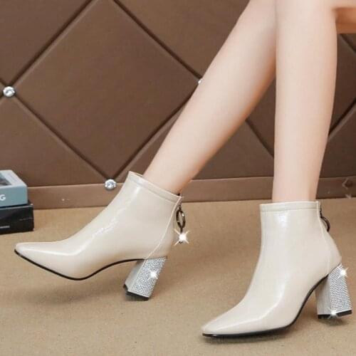 Square Toes Women High Heel Ankle Boots Femme Glitter Shoes Chunky Heel Boots for Women Fashion High Heels Beige Black Boots