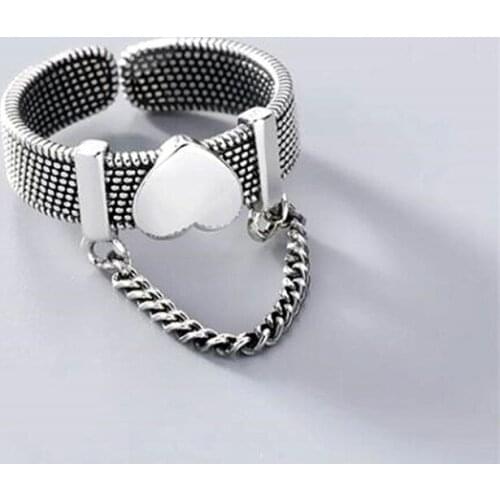 925 Sterling Silver Tassel Link Chain Heart Finger Ring For Women Romantic Open Jewelry Couple Wedding jz383