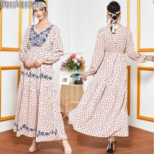 Polka Dot Long Sleeve Dress Plus Size Muslim Islamic Abaya Kaftan For Women Morocco Ethnic Embroidery Robe Ramadan Clothing