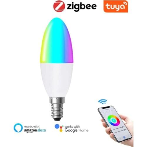 Zigbee Led Candle Light E14 Smart Bulb Lamp RGB+CCT 5W Tuya Voice Control With Alexa Google SmartThings Home Night Lights Bulbs