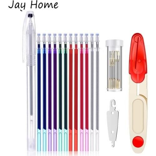 20pcs ink Disappearing Water Erasable Pen Fabric Marker Refills with Sewing Embroidery Needles & Thread Cutter DIY Sewing Tools