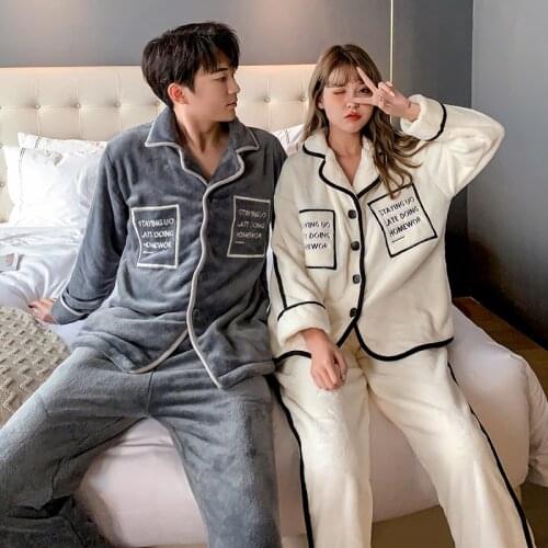 2020 Warm Winter Pajamas Set for Woman Man Couple Fashion Thick Flannel Velvet Sleep Nightwear Can Wear Outside Home Wear Suit