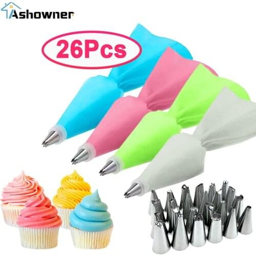 8/16/26Pcs/Set Silicone Pastry Bag Kitchen Cake Icing Piping Cream Cake Decorating Tools Reusable Pastry Bags+24 Nozzle Set