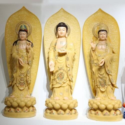 Large 3PCS HOME shrine protection Buddhism XI FANG SANSHENG jade Goddess Guan yin GOD Avalokitesvara Amitabha Mahasthamaprapta