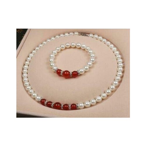 8-10MM White Akoya Shell Pearl / Red Jade Gems Round Beads Necklace Bracelet AAA